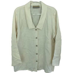 Vintage Women's Linen Button Down Shirt V Neck Collar Coastal Sustainable Cream